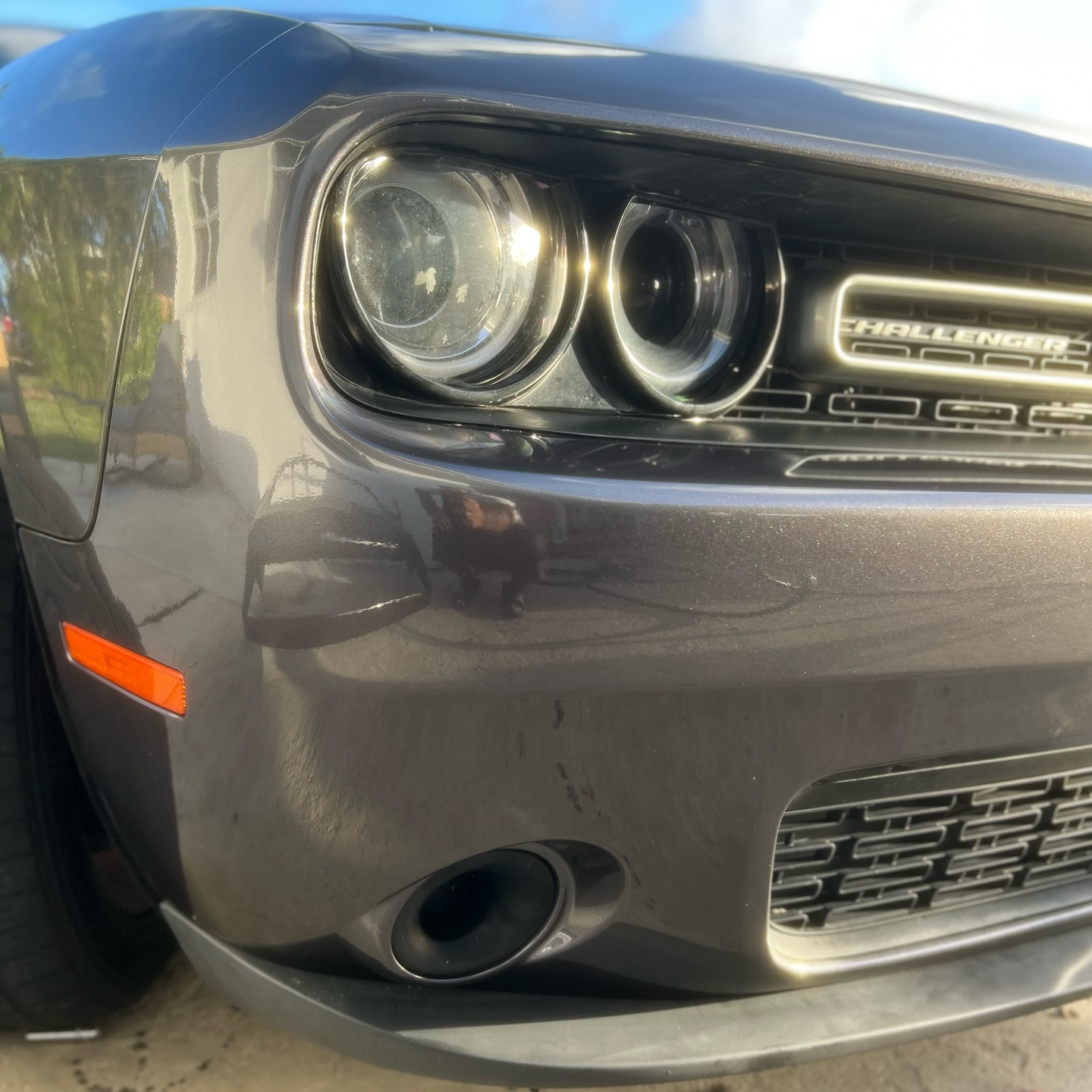 Paint correction results on Challenger headlight in Port Saint Lucie